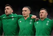 27 February 2022; Ireland players, from left, Jack Conan, James Lowe and Dave Kilcoyne during the Guinness Six Nations Rugby Championship match between Ireland and Italy at the Aviva Stadium in Dublin. Photo by Seb Daly/Sportsfile