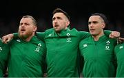 27 February 2022; Ireland players, from left, Finlay Bealham, Jack Conan and James Lowe during the Guinness Six Nations Rugby Championship match between Ireland and Italy at the Aviva Stadium in Dublin. Photo by Seb Daly/Sportsfile