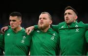 27 February 2022; Ireland players, from left, James Hume, Finlay Bealham and Jack Conan during the Guinness Six Nations Rugby Championship match between Ireland and Italy at the Aviva Stadium in Dublin. Photo by Seb Daly/Sportsfile