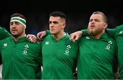 27 February 2022; Ireland players, from left, Rob Herring, James Hume and Finlay Bealham during the Guinness Six Nations Rugby Championship match between Ireland and Italy at the Aviva Stadium in Dublin. Photo by Seb Daly/Sportsfile