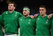 27 February 2022; Ireland players, from left, Ryan Baird, Rob Herring and James Hume during the Guinness Six Nations Rugby Championship match between Ireland and Italy at the Aviva Stadium in Dublin. Photo by Seb Daly/Sportsfile