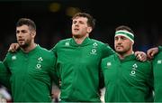 27 February 2022; Ireland players, from left, Caelan Doris, Ryan Baird and Rob Herring during the Guinness Six Nations Rugby Championship match between Ireland and Italy at the Aviva Stadium in Dublin. Photo by Seb Daly/Sportsfile