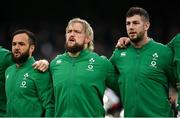 27 February 2022; Ireland players, from left, Jamison Gibson-Park, Andrew Porter and Caelan Doris during the Guinness Six Nations Rugby Championship match between Ireland and Italy at the Aviva Stadium in Dublin. Photo by Seb Daly/Sportsfile