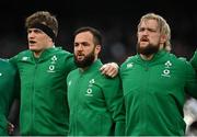 27 February 2022; Ireland players, from left, Josh van der Flier, Jamison Gibson-Park and Andrew Porter during the Guinness Six Nations Rugby Championship match between Ireland and Italy at the Aviva Stadium in Dublin. Photo by Seb Daly/Sportsfile