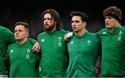 27 February 2022; Ireland players, from left, Michael Lowry, Mack Hansen, Joey Carbery and Josh van der Flier during the Guinness Six Nations Rugby Championship match between Ireland and Italy at the Aviva Stadium in Dublin. Photo by Seb Daly/Sportsfile