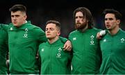 27 February 2022; Ireland players, from left, Dan Sheehan, Michael Lowry, Mack Hansen and Joey Carbery during the Guinness Six Nations Rugby Championship match between Ireland and Italy at the Aviva Stadium in Dublin. Photo by Seb Daly/Sportsfile