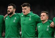 27 February 2022; Ireland players, from left, Robbie Henshaw, Dan Sheehan and Michael Lowry during the Guinness Six Nations Rugby Championship match between Ireland and Italy at the Aviva Stadium in Dublin. Photo by Seb Daly/Sportsfile