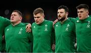 27 February 2022; Ireland players, from left, Tadhg Furlong, Garry Ringrose, Robbie Henshaw and Dan Sheehan during the Guinness Six Nations Rugby Championship match between Ireland and Italy at the Aviva Stadium in Dublin. Photo by Seb Daly/Sportsfile