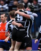 28 February 2022; Fionn Carney, left, and Davin Egan of Cistercian College Roscrea celebrate after the Bank of Ireland Leinster Rugby Schools Junior Cup 1st Round match between Newbridge College, Kildare, and Cistercian College, Roscrea, Tipperary, at Energia Park in Dublin. Photo by Brendan Moran/Sportsfile