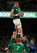 27 February 2022; Kieran Treadwell of Ireland takes possession in a lineout during the Guinness Six Nations Rugby Championship match between Ireland and Italy at the Aviva Stadium in Dublin. Photo by Harry Murphy/Sportsfile
