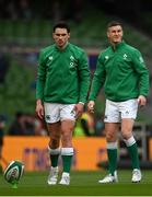 27 February 2022; Joey Carbery, left, and Jonathan Sexton of Ireland of Ireland before the Guinness Six Nations Rugby Championship match between Ireland and Italy at the Aviva Stadium in Dublin. Photo by Harry Murphy/Sportsfile