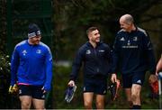 28 February 2022; Peter Dooley, left, Jordan Larmour and Devin Toner during Leinster Rugby squad training at UCD in Dublin. Photo by Harry Murphy/Sportsfile