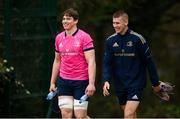 28 February 2022; Diarmaid Mangan, left, and Sam Prendergast during Leinster Rugby squad training at UCD in Dublin. Photo by Harry Murphy/Sportsfile