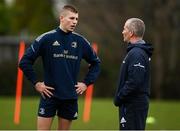 28 February 2022; Sam Prendergast speaks with Senior coach Stuart Lancaster during Leinster Rugby squad training at UCD in Dublin. Photo by Harry Murphy/Sportsfile