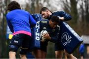 28 February 2022; Temi Lasisi, centre, with Rory McGuire, right, and Alex Soroka during Leinster Rugby squad training at UCD in Dublin. Photo by Harry Murphy/Sportsfile