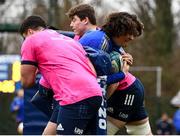 28 February 2022; Alex Soroka, centre, with Thomas Clarkson and Diarmaid Mangan during Leinster Rugby squad training at UCD in Dublin. Photo by Harry Murphy/Sportsfile