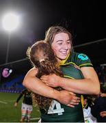 26 February 2022; Railway Union players Claire Boles, right, and Aoife McDermott celebrate after the Energia Women's All-Ireland League Final match between Blackrock College and Railway Union at Energia Park in Dublin. Photo by Ben McShane/Sportsfile
