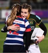 26 February 2022; Energia player of the match Eve Higgins of Railway Union, right, with Katie Fitzhenry of Blackrock College after the Energia Women's All-Ireland League Final match between Blackrock College and Railway Union at Energia Park in Dublin. Photo by Ben McShane/Sportsfile