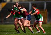 27 February 2022; Mairéad Seoighe of Galway in action against Mayo players Tamara O'Connor, right, and Fiona McHale during the Lidl Ladies Football National League Division 1 match between Galway and Mayo at Tuam Stadium in Galway. Photo by Ben McShane/Sportsfile