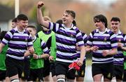 28 February 2022; Michael Candon of Terenure College and his teammates celebrate after the Bank of Ireland Leinster Rugby Schools Junior Cup 1st Round match between Terenure College, Dublin, and Gonzaga College, Dublin, at Energia Park in Dublin. Photo by Brendan Moran/Sportsfile