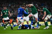 27 February 2022; Dave Kilcoyne of Ireland is tackled by Federico Ruzza of Italy during the Guinness Six Nations Rugby Championship match between Ireland and Italy at the Aviva Stadium in Dublin. Photo by David Fitzgerald/Sportsfile