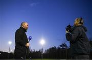 28 February 2022; UCD manager Andy Myler speaks to LOI TV before the SSE Airtricity League Premier Division match between UCD and Shelbourne at UCD Bowl in Belfield, Dublin. Photo by Harry Murphy/Sportsfile