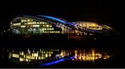 28 February 2022; A general view outside of the Aviva Stadium, in Dublin, which is illuminated in blue and yellow as a show of solidarity with the people of Ukraine. Russia launched a full-scale military invasion into Ukraine territory on February 24, 2022. Photo by David Fitzgerald/Sportsfile