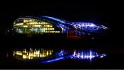 28 February 2022; A general view outside of the Aviva Stadium, in Dublin, which is illuminated in blue and yellow as a show of solidarity with the people of Ukraine. Russia launched a full-scale military invasion into Ukraine territory on February 24, 2022. Photo by David Fitzgerald/Sportsfile