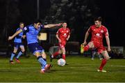 28 February 2022; Liam Kerrigan of UCD in action against Conor Kane of Shelbourne during the SSE Airtricity League Premier Division match between UCD and Shelbourne at UCD Bowl in Belfield, Dublin. Photo by Harry Murphy/Sportsfile