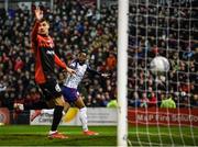 28 February 2022; Tunde Owolabi of St Patrick's Athletic celebrates a goal which was subsequently disallowed during the SSE Airtricity League Premier Division match between Bohemians and St Patrick's Athletic at Dalymount Park in Dublin. Photo by Eóin Noonan/Sportsfile