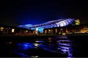 28 February 2022; A general view of the Aviva Stadium from Havelock Square, in Dublin, which is illuminated in blue and yellow as a show of solidarity with the people of Ukraine. Russia launched a full-scale military invasion into Ukraine territory on February 24, 2022. Photo by David Fitzgerald/Sportsfile