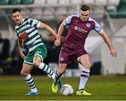 28 February 2022; Georgie Poynton of Drogheda United in action against Aaron Greene of Shamrock Rovers during the SSE Airtricity League Premier Division match between Shamrock Rovers and Drogheda United at Tallaght Stadium in Dublin. Photo by Piaras Ó Mídheach/Sportsfile
