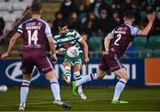 28 February 2022; Danny Mandroiu of Shamrock Rovers shoots wide under pressure from Sean Roughan, right, and Dane Massey of Drogheda United during the SSE Airtricity League Premier Division match between Shamrock Rovers and Drogheda United at Tallaght Stadium in Dublin. Photo by Piaras Ó Mídheach/Sportsfile
