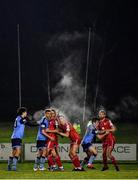 28 February 2022; Players await the delivery of a corner during the SSE Airtricity League Premier Division match between UCD and Shelbourne at UCD Bowl in Belfield, Dublin. Photo by Harry Murphy/Sportsfile