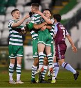 28 February 2022; Jack Byrne of Shamrock Rovers is held aloft by teammates as he celebrates scoring his side's second goal during the SSE Airtricity League Premier Division match between Shamrock Rovers and Drogheda United at Tallaght Stadium in Dublin. Photo by Piaras Ó Mídheach/Sportsfile