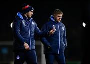 28 February 2022; Shelbourne manager Damien Duff and assistant Joey O'Brien, left, at half-time of the SSE Airtricity League Premier Division match between UCD and Shelbourne at the UCD Bowl in Belfield, Dublin. Photo by Harry Murphy/Sportsfile