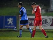 28 February 2022; Jack Moylan of Shelbourne reacts to a missed opportunity on goal during the SSE Airtricity League Premier Division match between UCD and Shelbourne at the UCD Bowl in Belfield, Dublin. Photo by Harry Murphy/Sportsfile