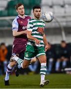28 February 2022; Danny Mandroiu of Shamrock Rovers in action against Andrew Quinn of Drogheda United during the SSE Airtricity League Premier Division match between Shamrock Rovers and Drogheda United at Tallaght Stadium in Dublin. Photo by Piaras Ó Mídheach/Sportsfile