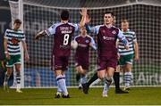 28 February 2022; Evan Weir of Drogheda United, right, celebrates with teammate Gary Deegan after scoring their side's first goal during the SSE Airtricity League Premier Division match between Shamrock Rovers and Drogheda United at Tallaght Stadium in Dublin. Photo by Piaras Ó Mídheach/Sportsfile