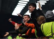 28 February 2022; Bohemians supporters celebrate after the SSE Airtricity League Premier Division match between Bohemians and St Patrick's Athletic at Dalymount Park in Dublin. Photo by Eóin Noonan/Sportsfile