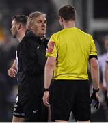 28 February 2022; Finn Harps manager Ollie Horgan in conversation with referee John McLoughlin after the SSE Airtricity League Premier Division match between Dundalk and Finn Harps at Oriel Park in Dundalk, Louth. Photo by Ramsey Cardy/Sportsfile