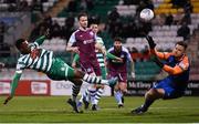 28 February 2022; Aidomo Emakhu of Shamrock Rovers shoots wide under pressure from Drogheda United goalkeeper Colin McCabe during the SSE Airtricity League Premier Division match between Shamrock Rovers and Drogheda United at Tallaght Stadium in Dublin. Photo by Piaras Ó Mídheach/Sportsfile