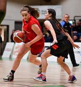 1 March 2022; Sophie Staunton of St Finian's in action against Niamh Farrelly of Piper's Hill during the Basketball Ireland U19C Girls Schools League Final match between Piper's Hill Naas, Kildare and St. Finians Swords, Dublin at the National Basketball Arena in Dublin. Photo by Brendan Moran/Sportsfile