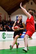 1 March 2022; Niamh Farrelly of Piper's Hill in action against Jasmin Walsh of St Finian's during the Basketball Ireland U19C Girls Schools League Final match between Piper's Hill Naas, Kildare and St. Finians Swords, Dublin at the National Basketball Arena in Dublin. Photo by Brendan Moran/Sportsfile