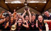 1 March 2022; Piper's Hill captain Olivia Miley, MVP Niamh Farrelly and teammates celebrate withteh cup after the Basketball Ireland U19C Girls Schools League Final match between Piper's Hill Naas, Kildare and St. Finians Swords, Dublin at the National Basketball Arena in Dublin. Photo by Brendan Moran/Sportsfile