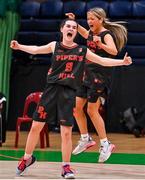1 March 2022; Niamh Farrelly and Jorja Goldring of Piper's Hill, right, celebrate at the final buzzer of the Basketball Ireland U19C Girls Schools League Final match between Piper's Hill Naas, Kildare and St. Finians Swords, Dublin at the National Basketball Arena in Dublin. Photo by Brendan Moran/Sportsfile