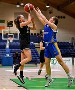 1 March 2022; Sarah Ní Scannláin of Gaelcholáiste Tralee has a shot blocked by Lucy Brennan of St Louis during the Basketball Ireland U19B Girls Schools League Final match between St. Louis Kiltimagh, Mayo and Gaelcholáiste Tralee, Kerry at National Basketball Arena in Dublin. Photo by Brendan Moran/Sportsfile