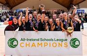 1 March 2022; The Gaelcholáiste Tralee team celebrate with the cup after the Basketball Ireland U19B Girls Schools League Final match between St. Louis Kiltimagh, Mayo and Gaelcholáiste Tralee, Kerry at National Basketball Arena in Dublin. Photo by Brendan Moran/Sportsfile