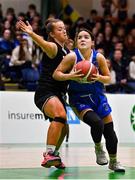 1 March 2022; Hazel Finn of St Louis in action against Paris Nic Cárthaigh of Gaelcholáiste Tralee during the Basketball Ireland U19B Girls Schools League Final match between St. Louis Kiltimagh, Mayo and Gaelcholáiste Tralee, Kerry at National Basketball Arena in Dublin. Photo by Brendan Moran/Sportsfile