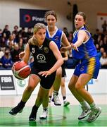 1 March 2022; Eimer Ní Shúilleabháin of Gaelcholáiste Tralee in action against Lucy Brennan of St Louis during the Basketball Ireland U19B Girls Schools League Final match between St. Louis Kiltimagh, Mayo and Gaelcholáiste Tralee, Kerry at National Basketball Arena in Dublin. Photo by Brendan Moran/Sportsfile